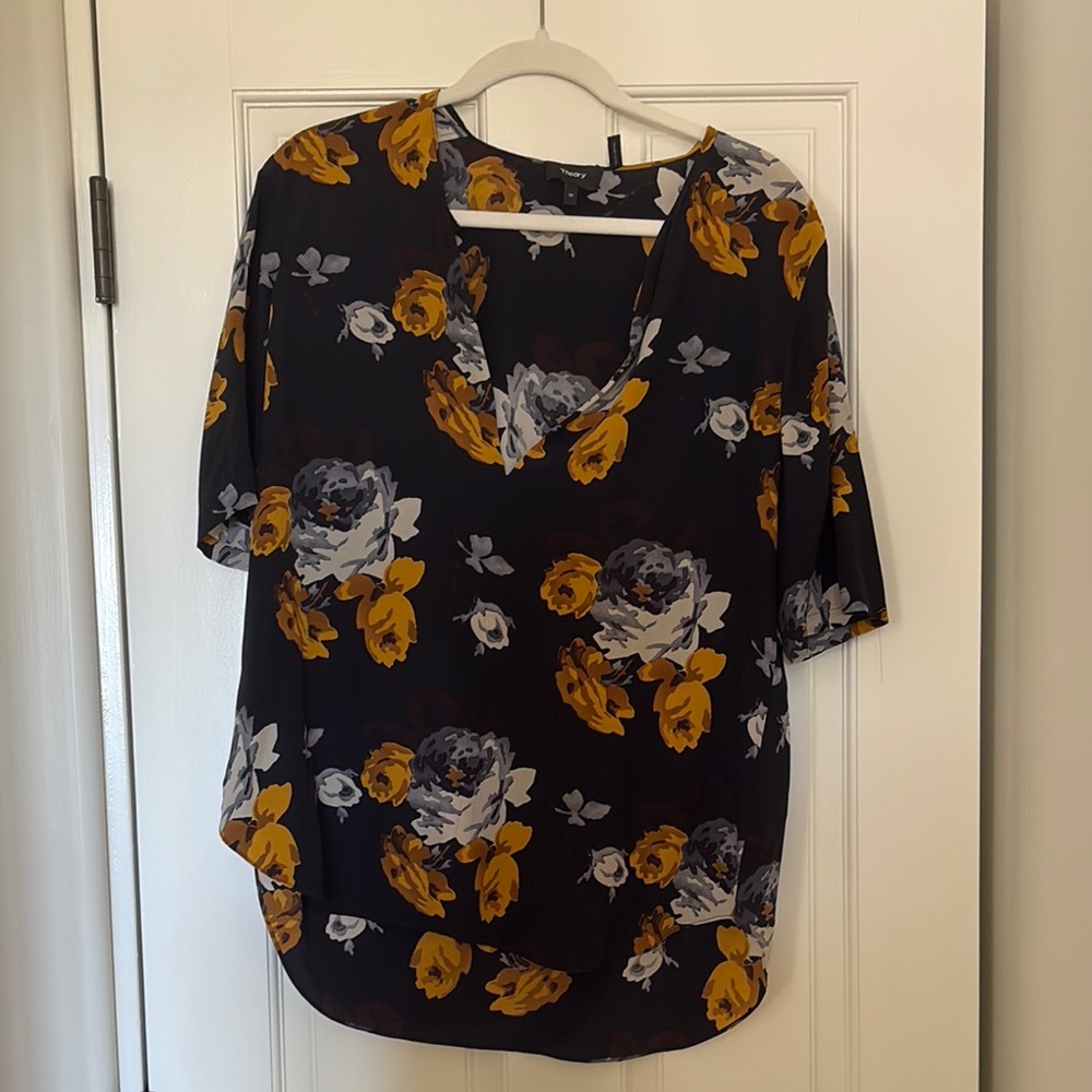 Theory Floral Relaxed Short Sleeve Blouse in Blue and Black